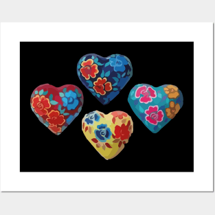 Mexican wooden heart oaxacan hand painted flower milagrito turquoise hot pink folk art interior design Posters and Art